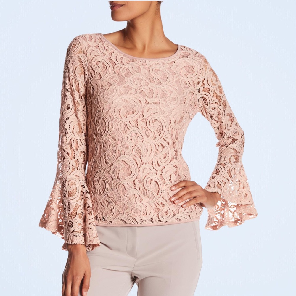 ADRIANNA PAPELL Blush Pink Lace Bell Sleeve Blouse Top